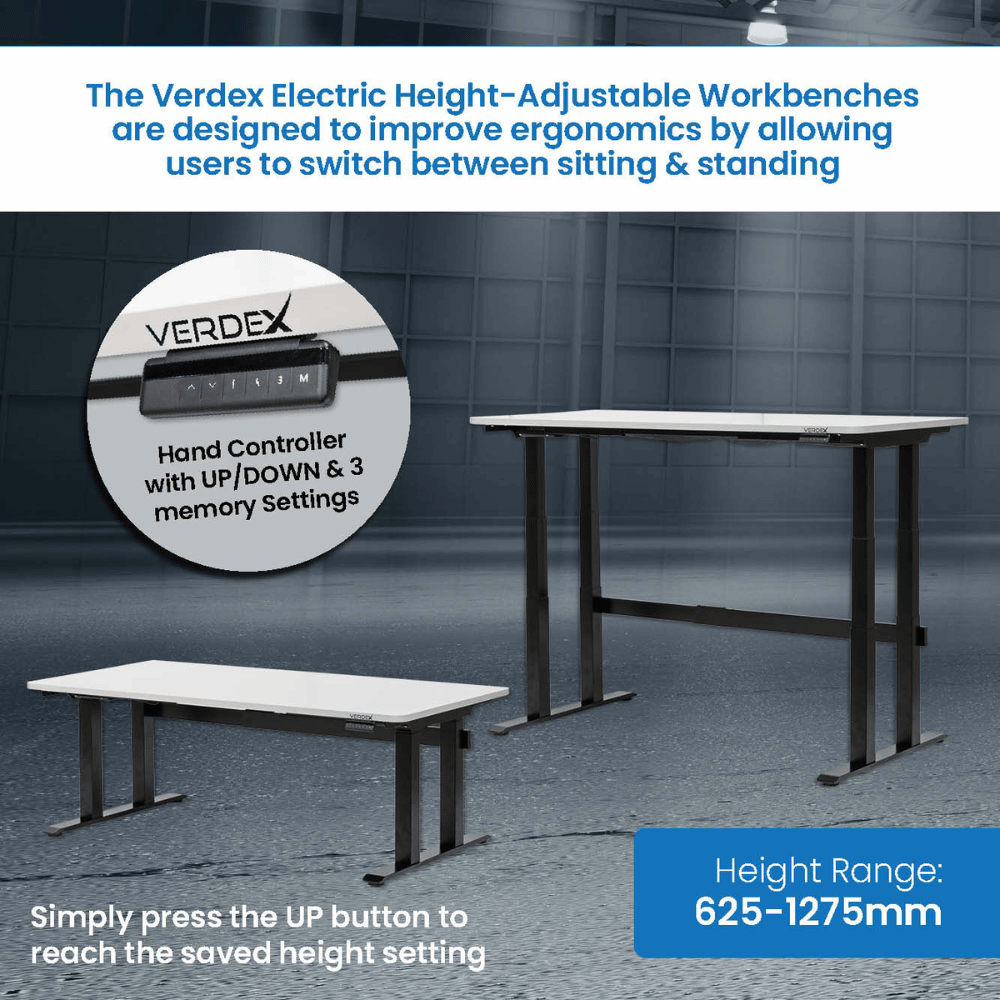 Verdex electric height-adjustable workbenches with text explaining their ergonomic benefits.