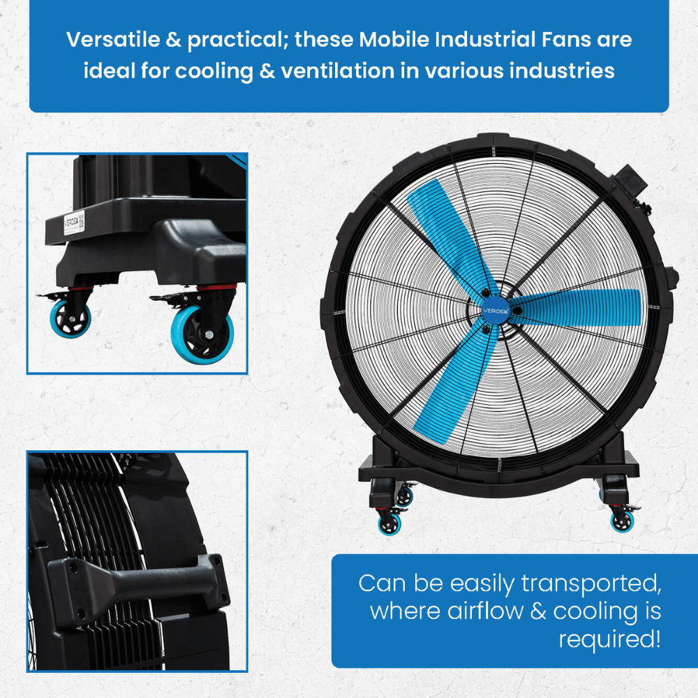 Mobile industrial fan with blue blades on a white background, featuring text about its versatility and practicality.
