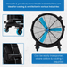 Mobile industrial fan with blue blades on a white background, featuring text about its versatility and practicality.