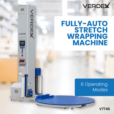 VERDEX fully-auto stretch wrapping machine with text on a blurred background