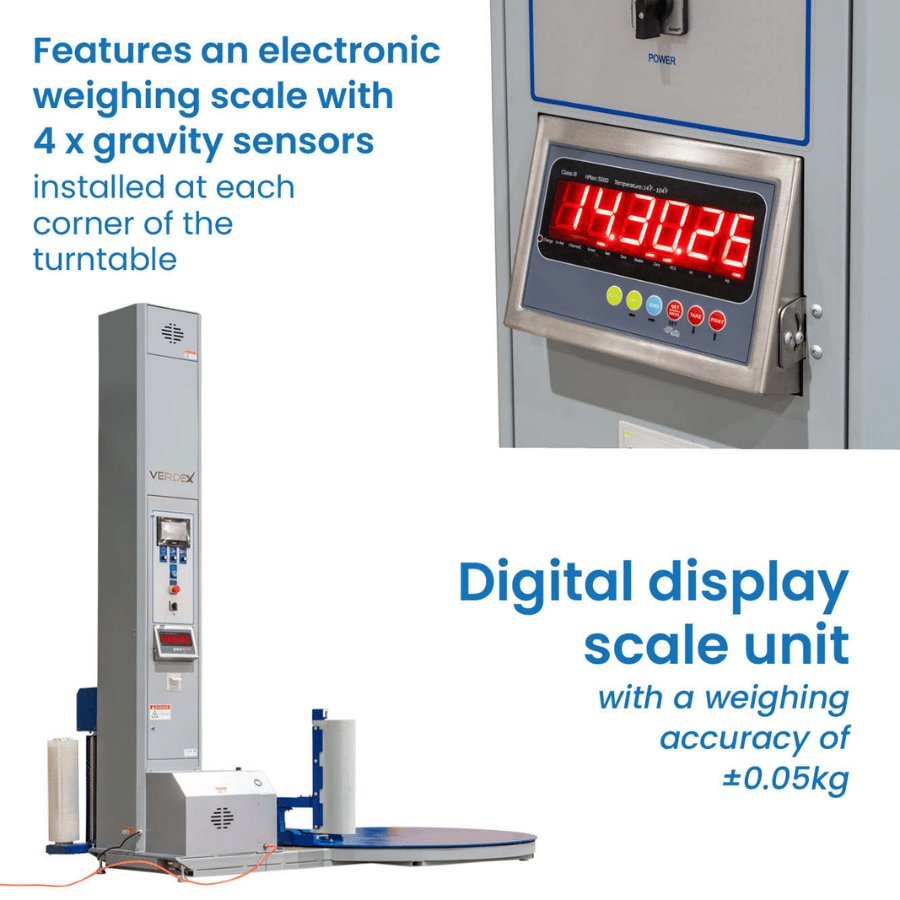 Electronic weighing scale with digital display and gravity sensors, featuring text on accuracy and sensor placement.