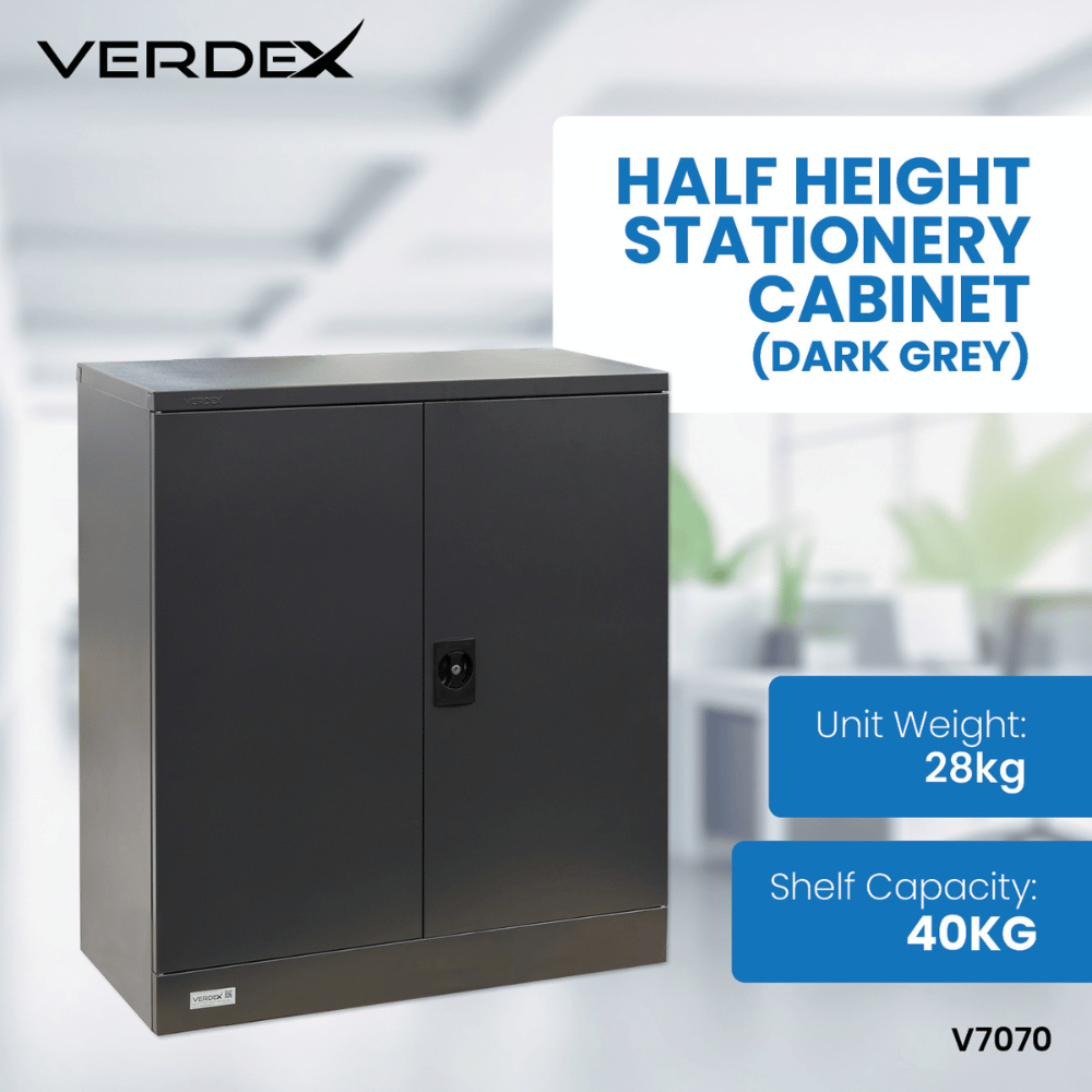 Dark grey half-height stationery cabinet with VERDEX branding on a blurred office background.