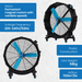 Industrial fan with specifications on a light gray background