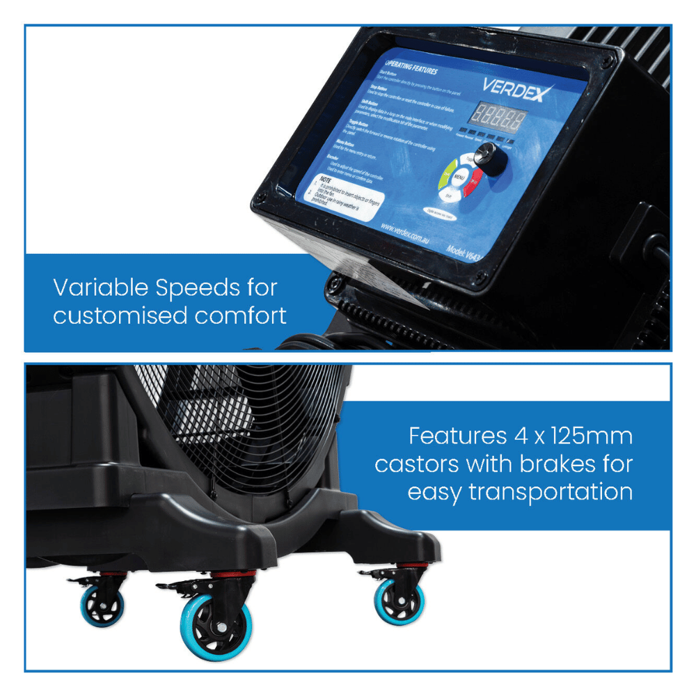 Control panel with digital display and text about variable speeds and caster features on a product.
