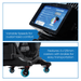 Control panel with digital display and text about variable speeds and caster features on a product.