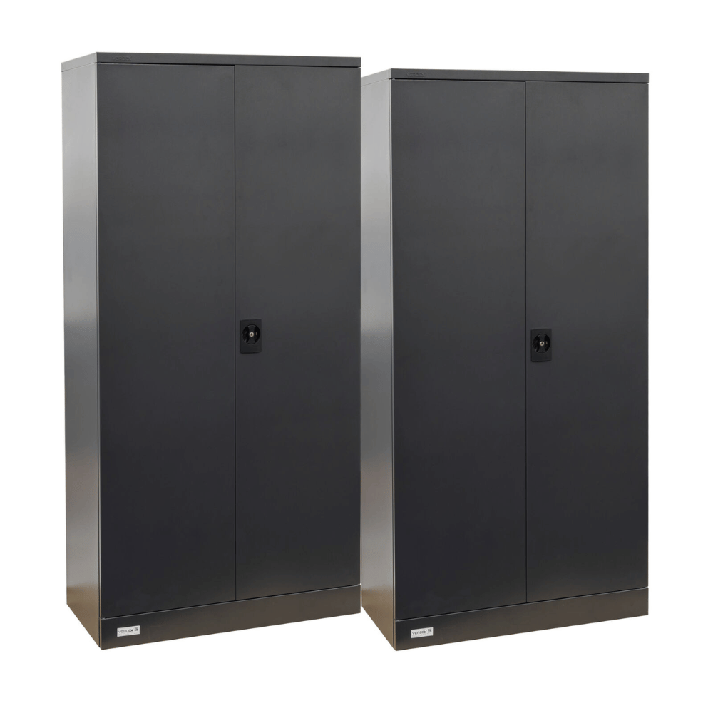 Two black metal storage cabinets on a white background