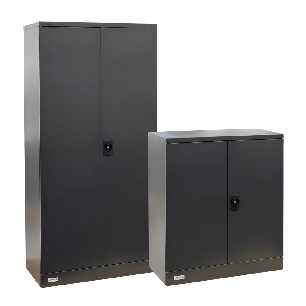 Two black metal cabinets of different sizes on a white background