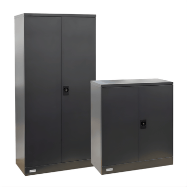 Two black metal cabinets of different sizes on a white background