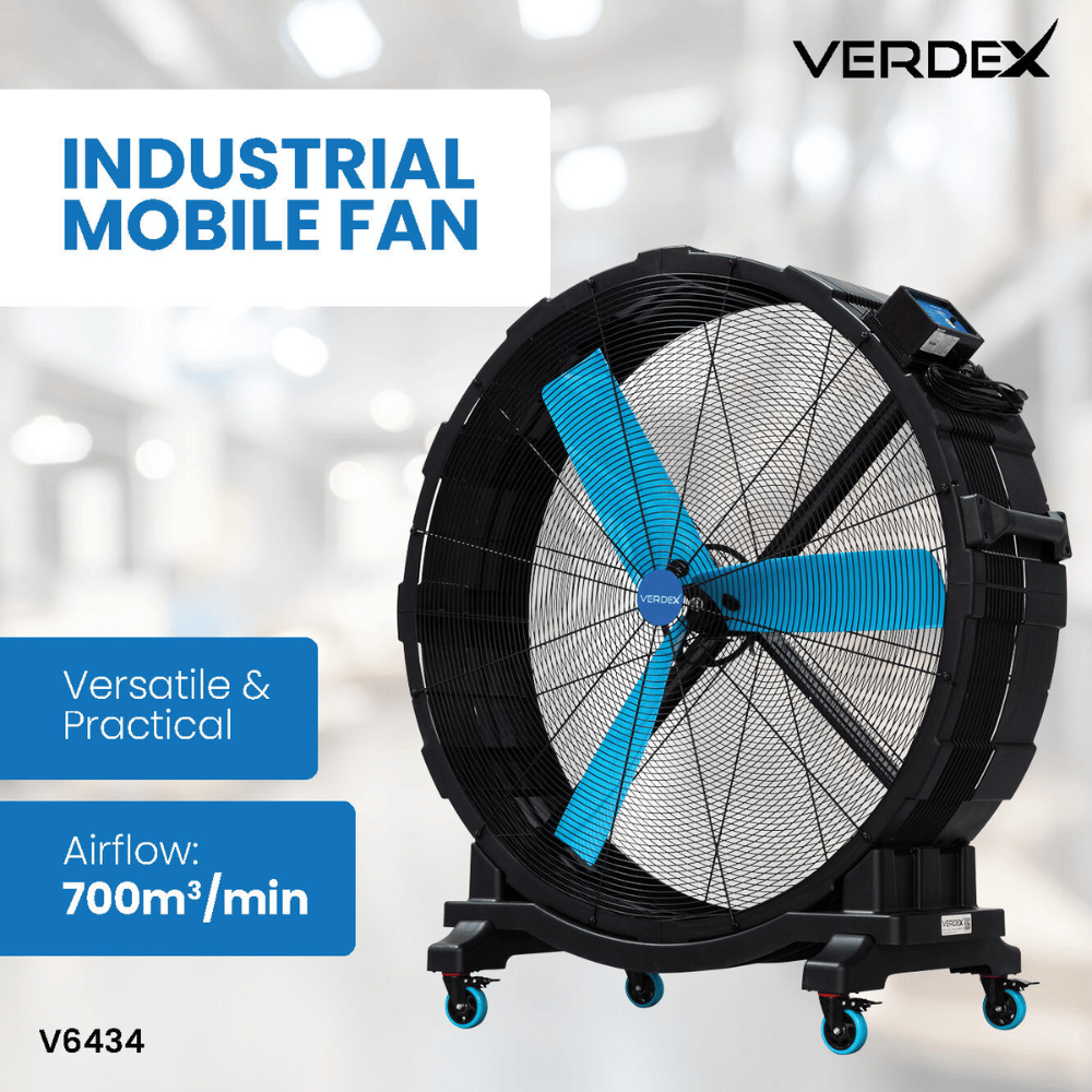 Industrial mobile fan with VERDEX branding on a blurred background