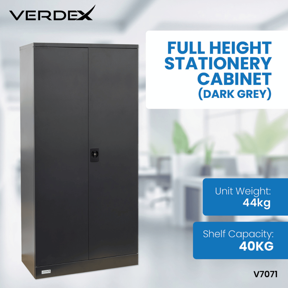 Dark grey full height stationery cabinet with VERDEX branding and product details.