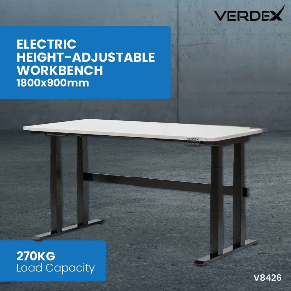 Electric height-adjustable workbench with Verdex branding on a gray background
