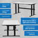 Ergonomic desk with specifications on a gray concrete background