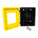 Yellow and black wall-mounted box with screws on a white background